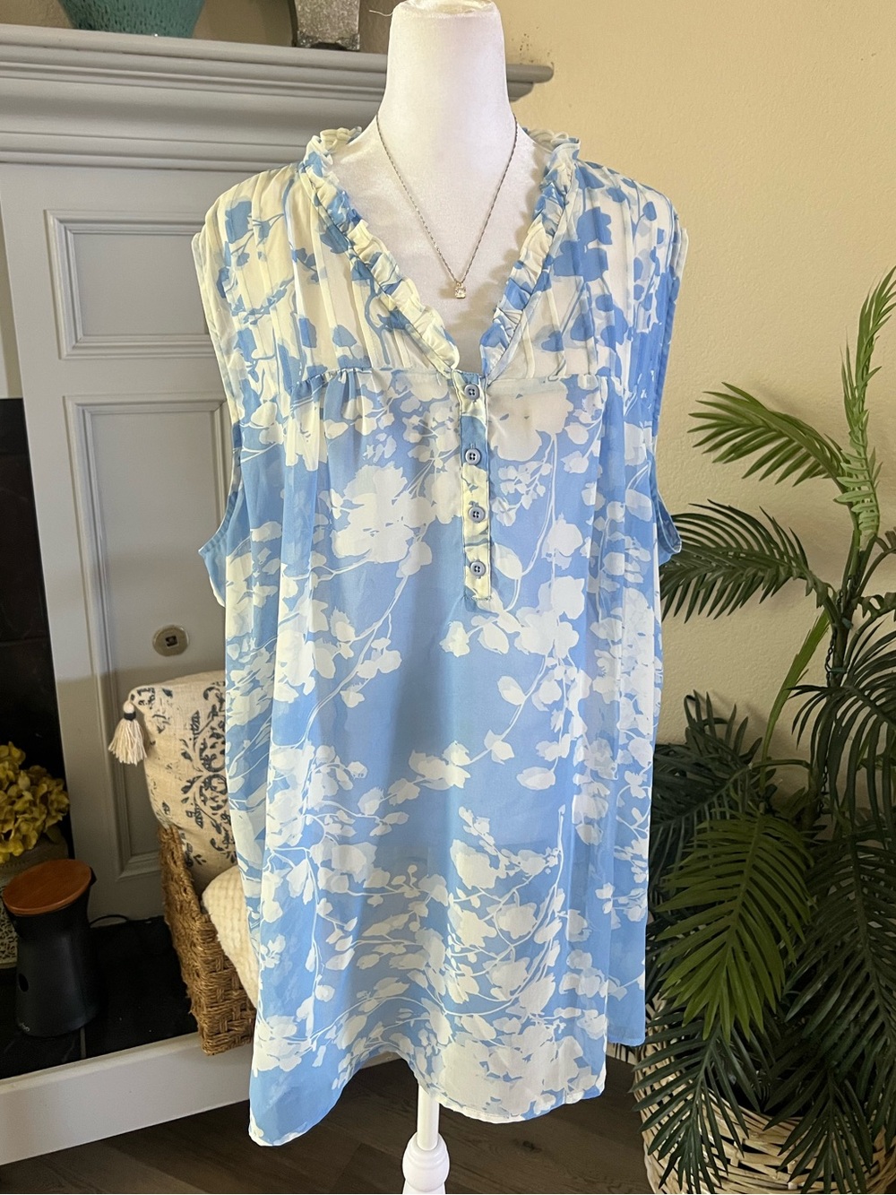 Susan Graver Sheer Blue & White Floral Ruffle Camisole